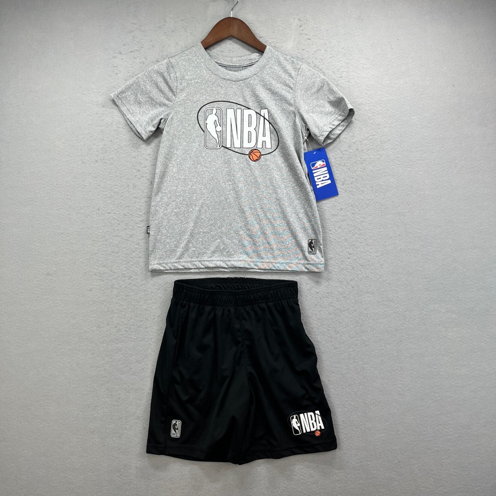 NBA Shirt Shorts Set Youth Size 8 Gray Black Basketball Athletic Activewear